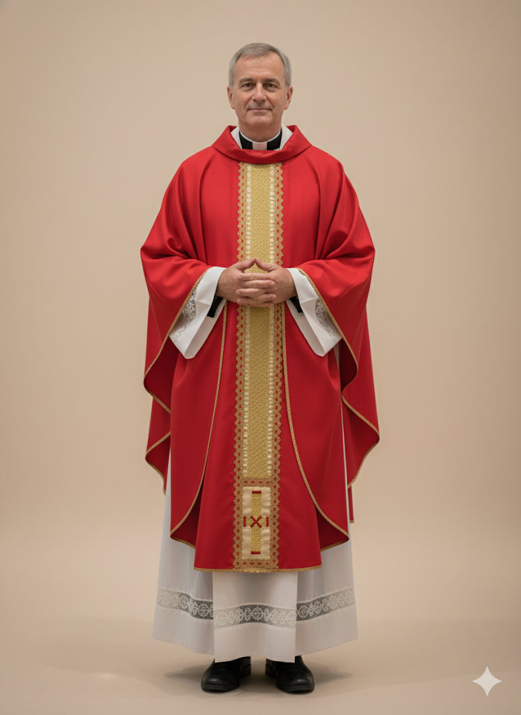 Casula in raso rossa con stolone e croce