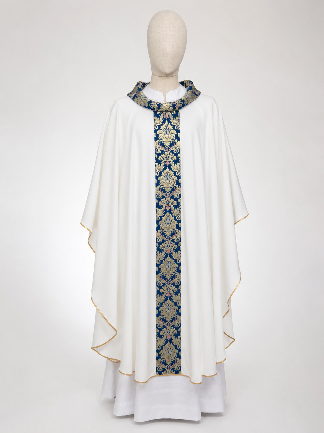 Casula mariana leggera con stolone blu ed oro damascato