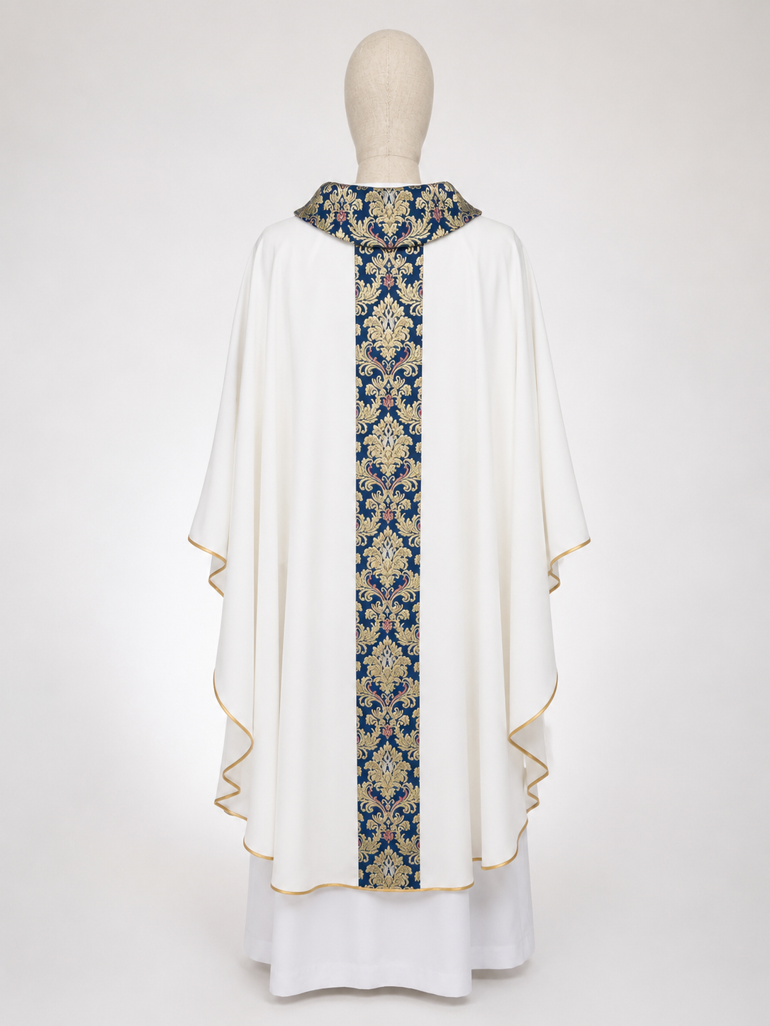 Casula mariana leggera con stolone blu ed oro damascato