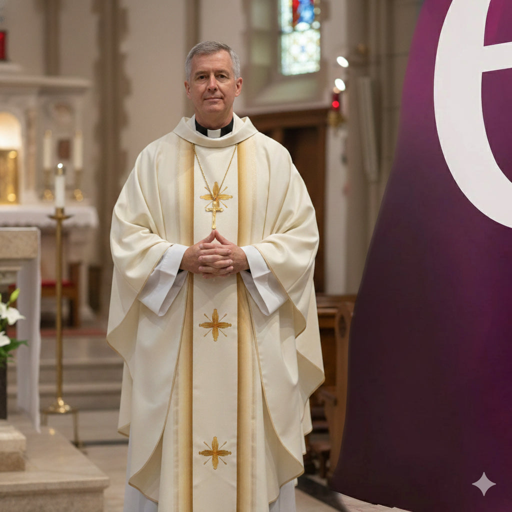 Casula in Lana e Seta Rigata Ricamo Croci (Colori Lit. Rosa e Morello, Mariana Disponibili)