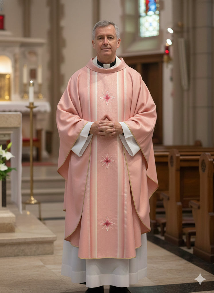 Casula in Lana e Seta Rigata Ricamo Croci (Colori Lit. Rosa e Morello, Mariana Disponibili)