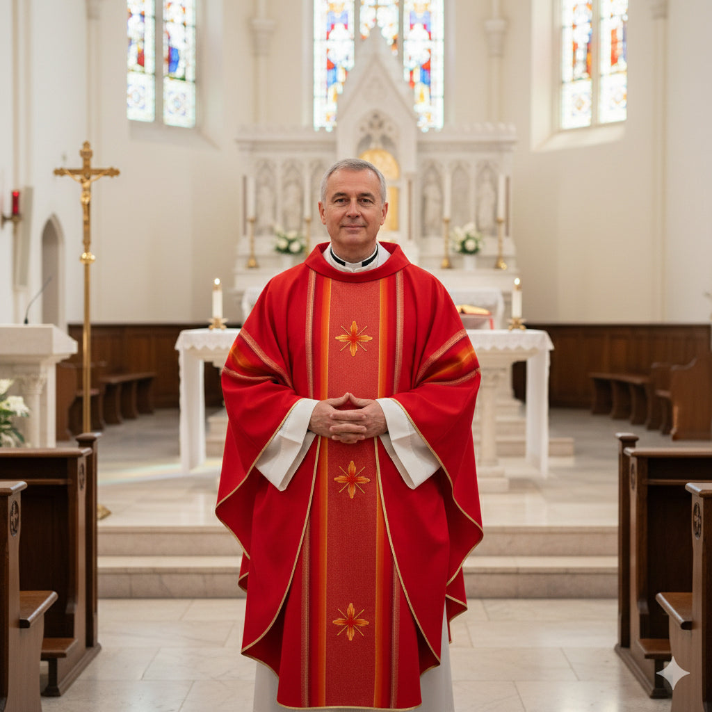 Casula in Lana e Seta Rigata Ricamo Croci (Colori Lit. Rosa e Morello, Mariana Disponibili)