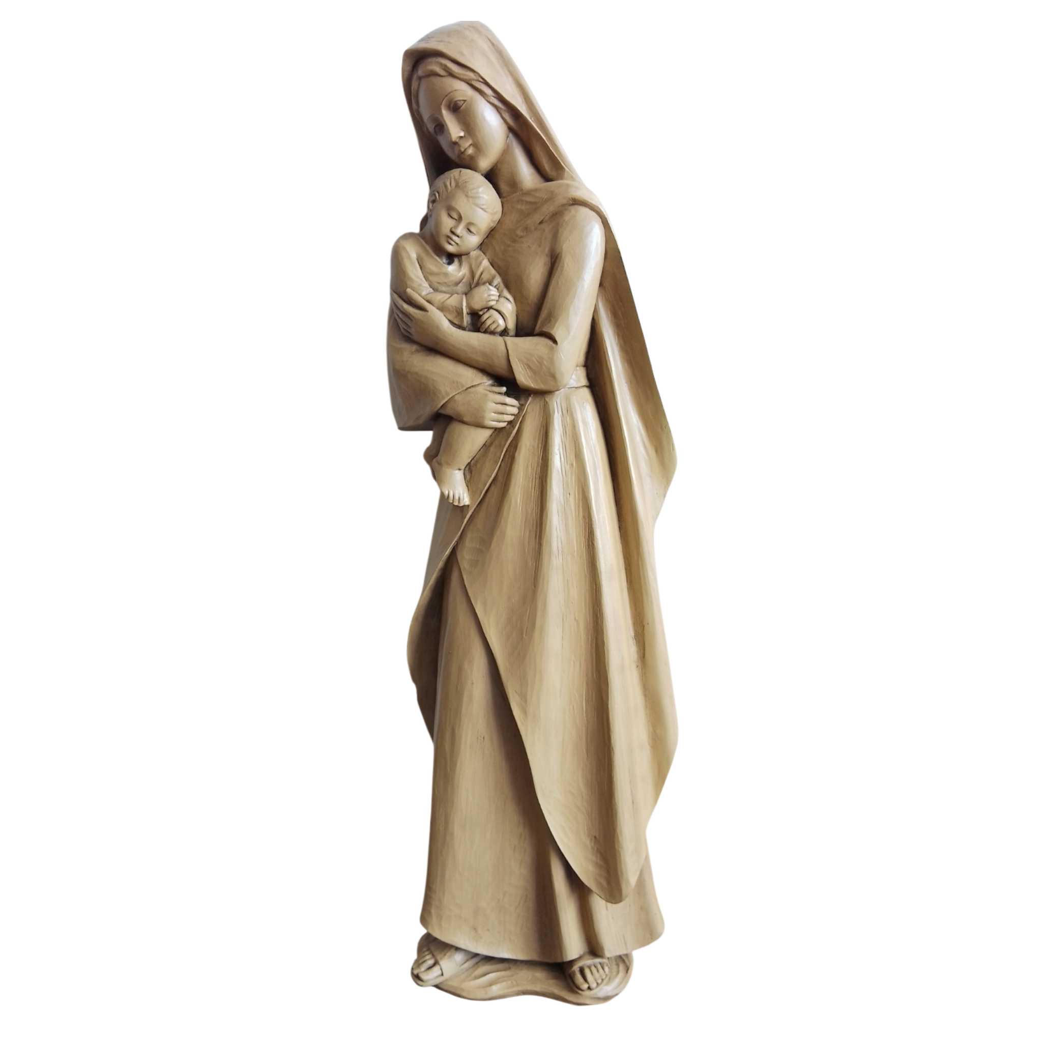 Statua Madonna con bambino 90 cm. In pasta di legno naturale.