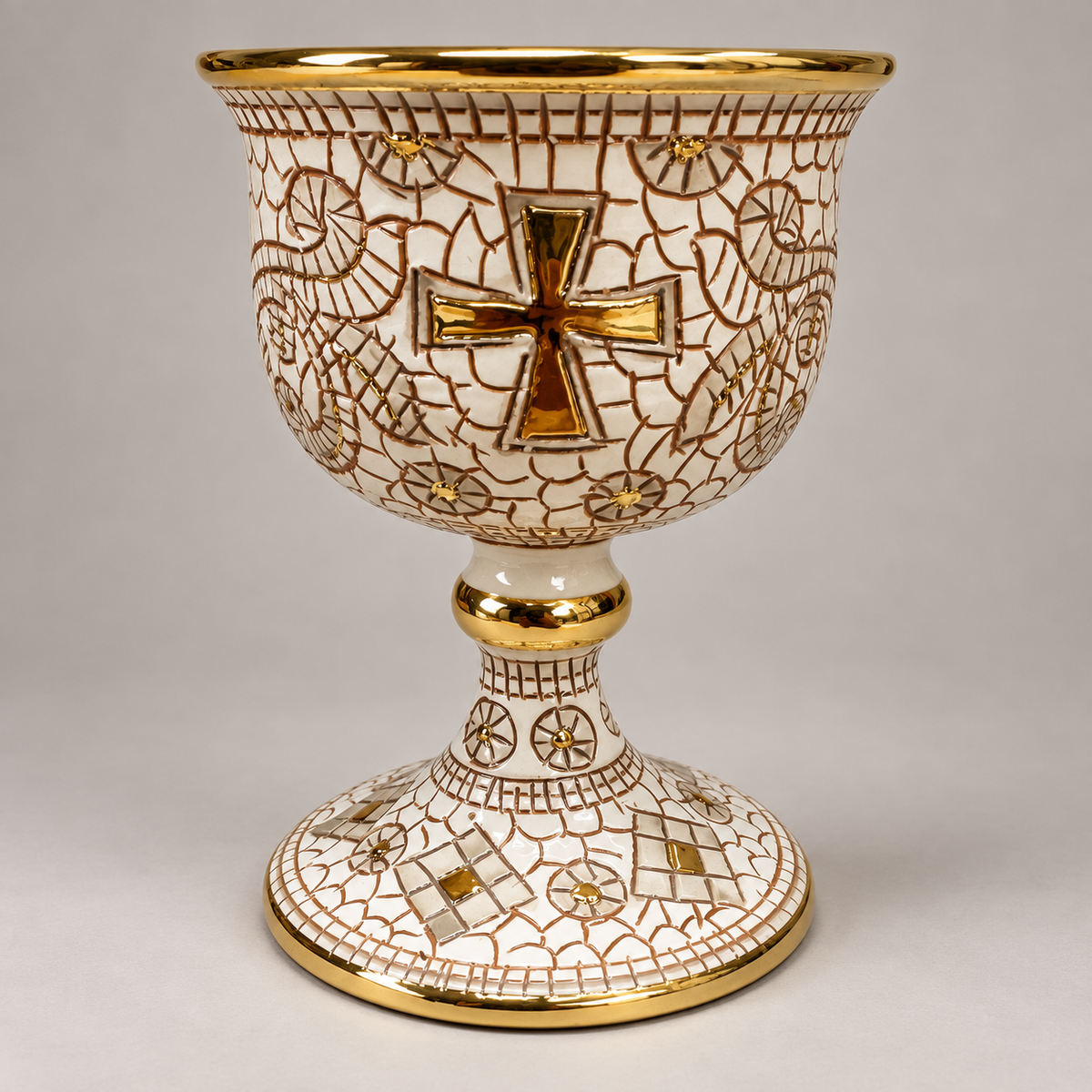 Calice in Ceramica Dipinto a Mano Interno Oro Decorazioni a Mosaico e Croci