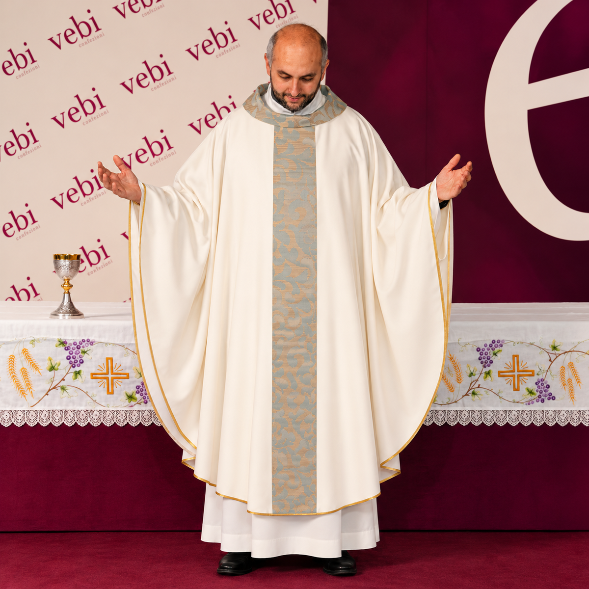 Casula Mariana con Stolone Damascato Azzurro in Misto Lana