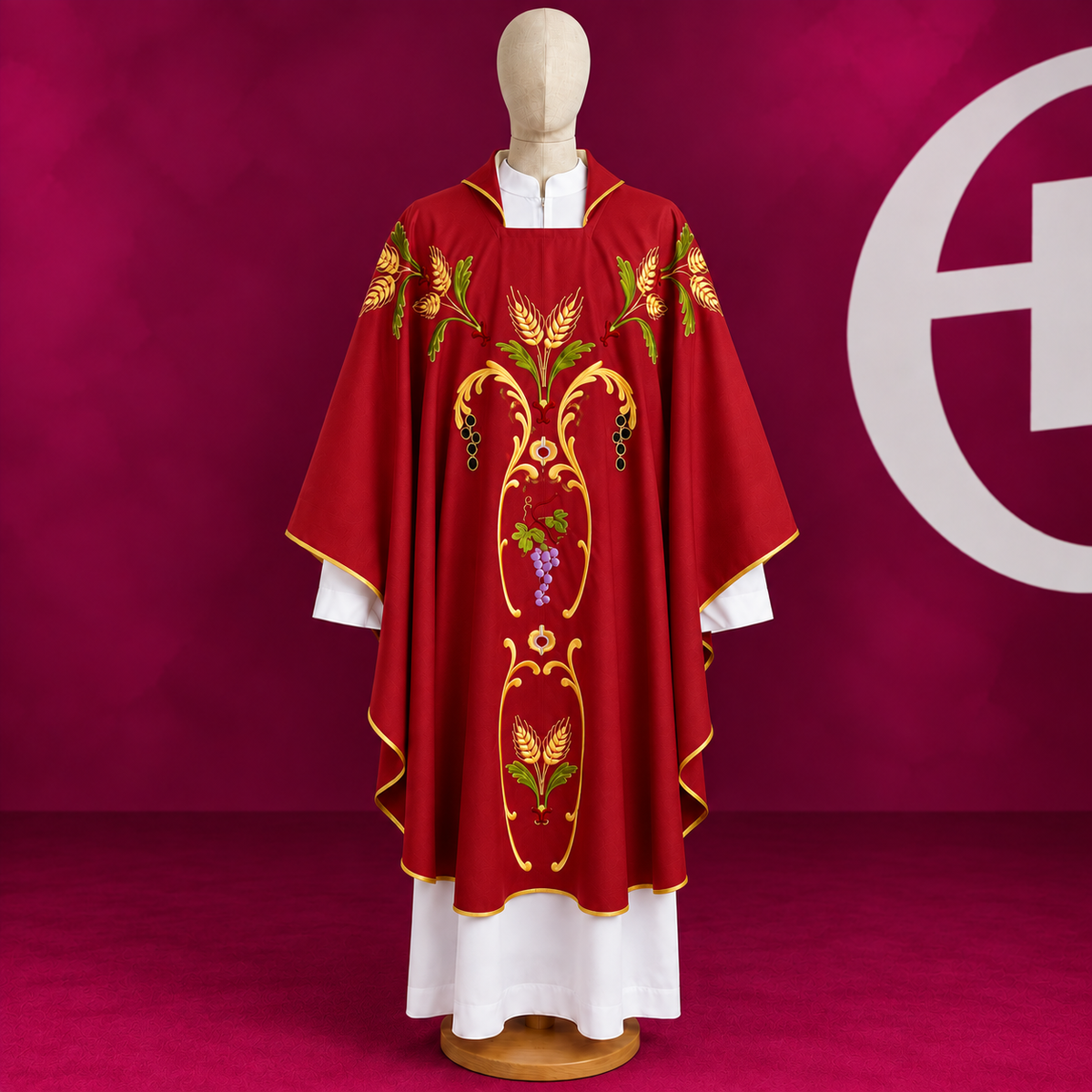 Casula Liturgica in Pura Lana Ricamo Uva e Motivi Barocchi Colorati (Colori Disponibili)