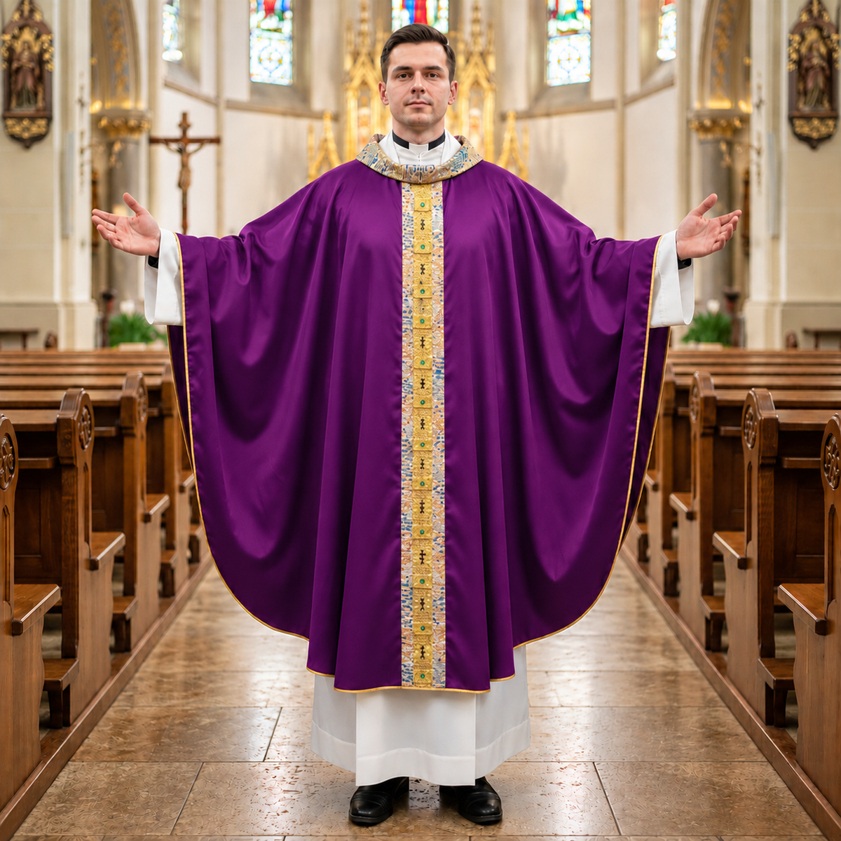 Casula in Seta son Stolone Damascato (Colori Liturgici Disponibili)