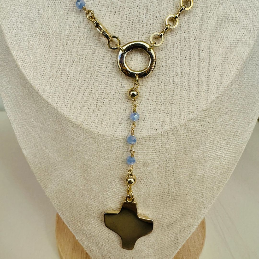Rosario Collana in Acciaio Placcato Oro con Grani Swarovski Celesti, Croce moderna
