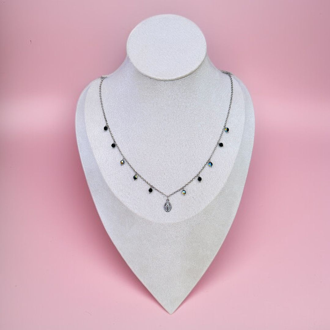 Collana in Argento 925 con Swarovski Neri e Medaglia Miracolosa