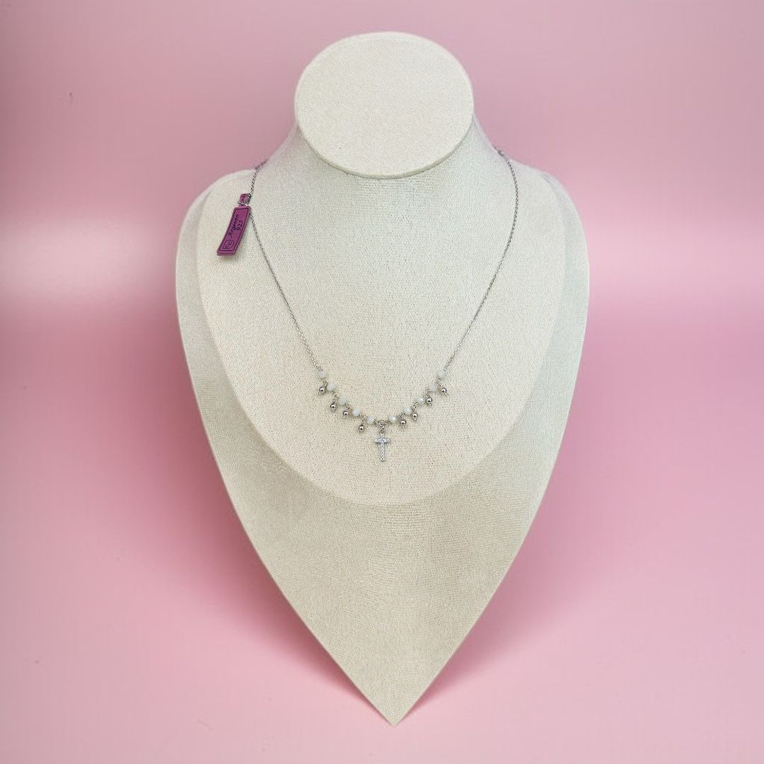 Collana Decina in Argento e Cristalli Blu o Bianchi con Croce Zirconi