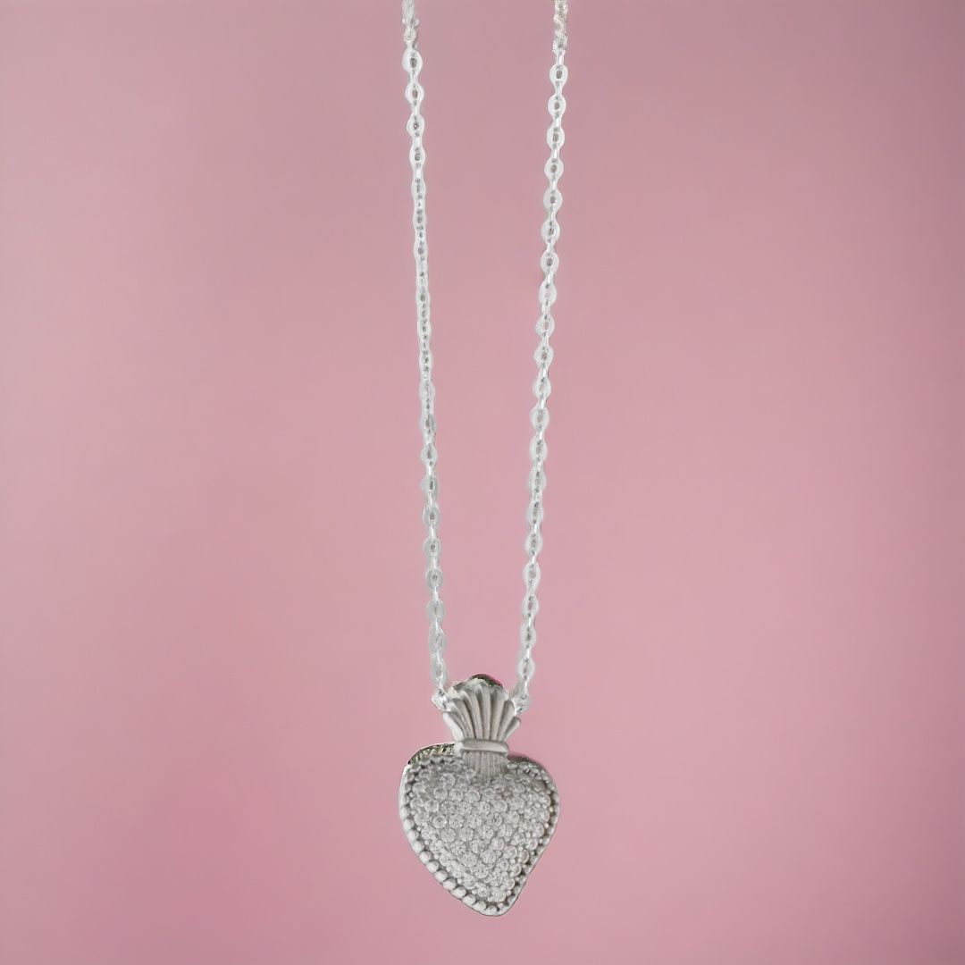 Collana in Argento 925 con Sacro Cuore Zirconi Bianchi