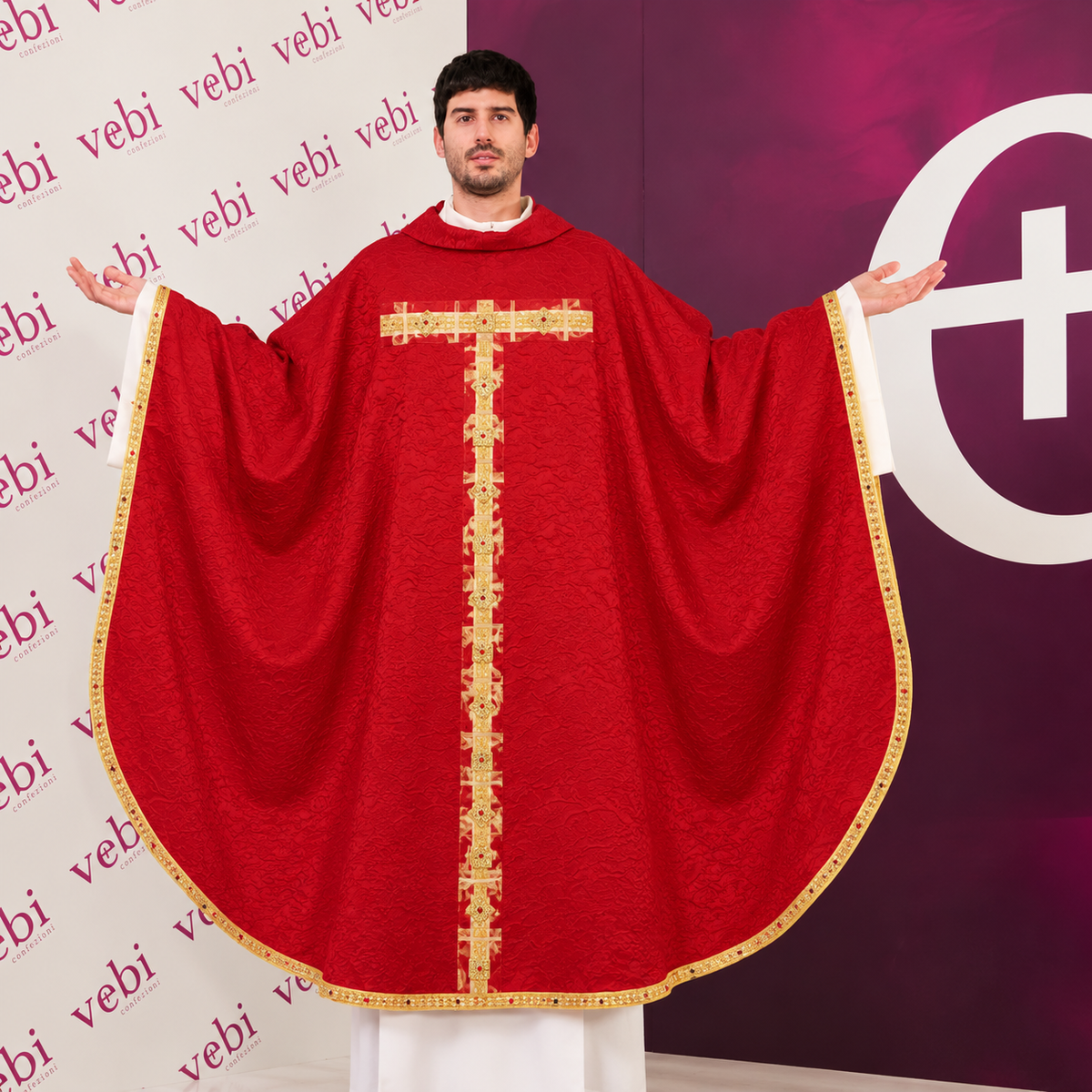 Casula in Damasco di Seta con Stolone TAU e Swarovski Colorati (Colori Liturgici)