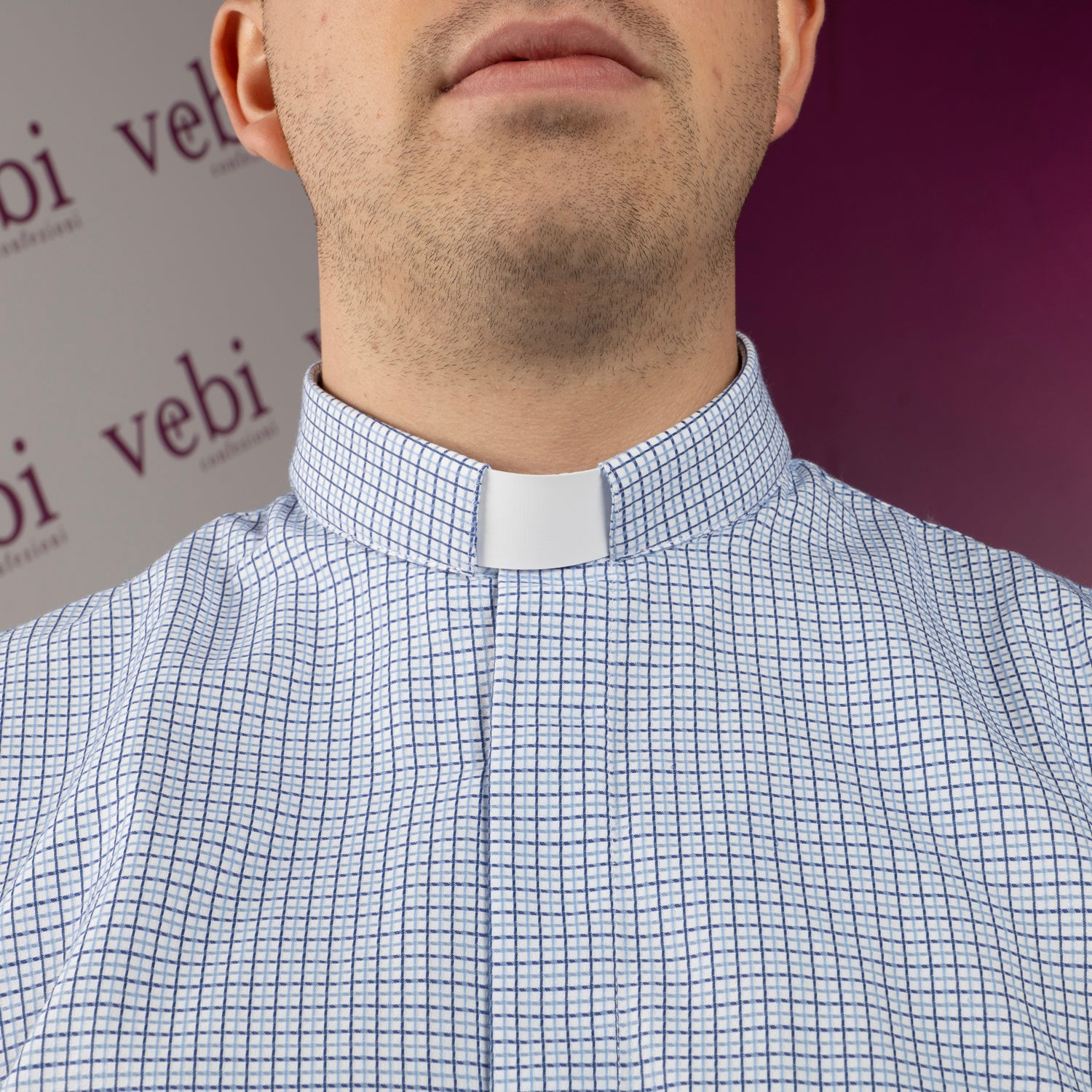 Camicia Sacerdotale Clergy a Quadretti Manica Lunga Puro Cotone