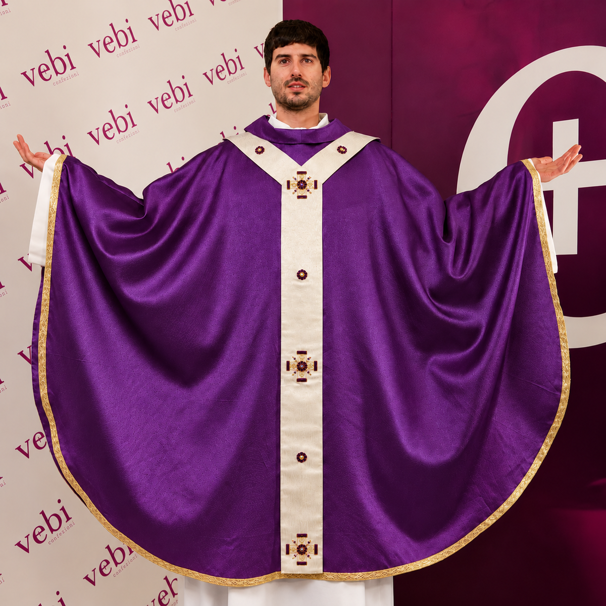 Casula 100% Seta Pallio con Swarovski (Colori liturgici, Rosa e Celeste Disponibili)