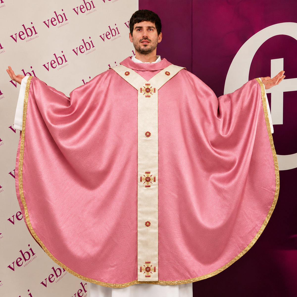 Casula 100% Seta Pallio con Swarovski (Colori liturgici, Rosa e Celeste Disponibili)