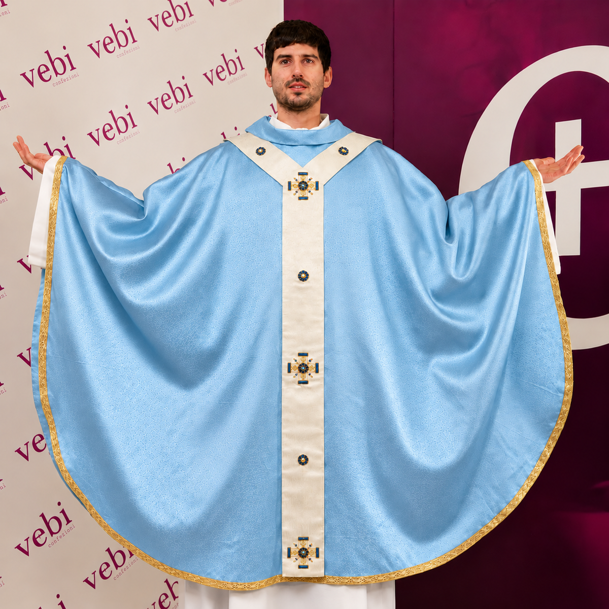 Casula 100% Seta Pallio con Swarovski (Colori liturgici, Rosa e Celeste Disponibili)