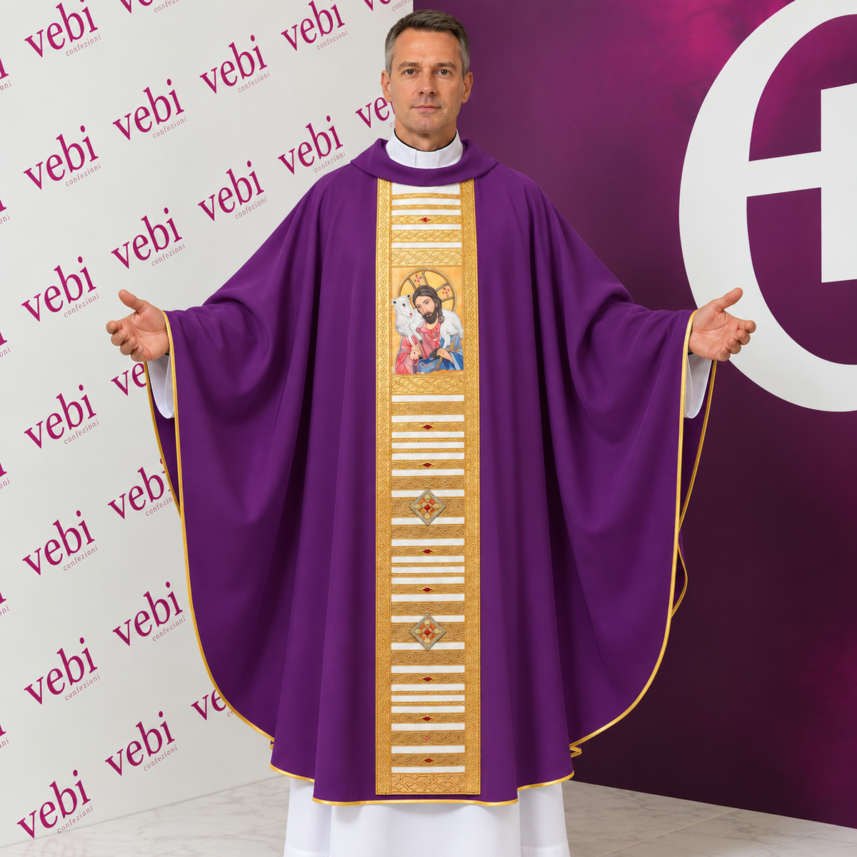 Casula Avorio Lana Dipinta a Mano Gesù Buon Pastore (Colori Liturgici Disponibili)