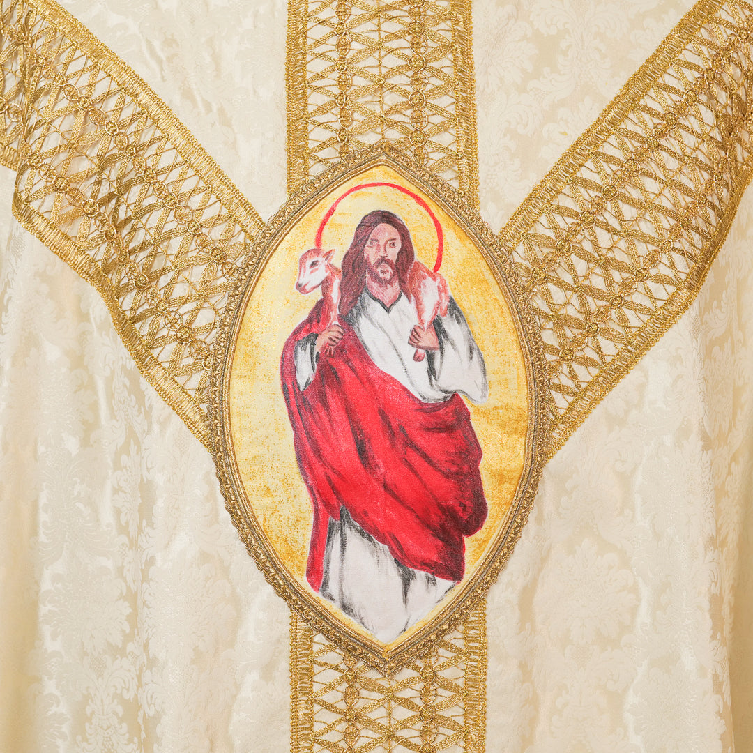 Casula Damasco di Seta con Ovale Buon Pastore Dipinto a Mano (Colori Liturgici Disponibili)