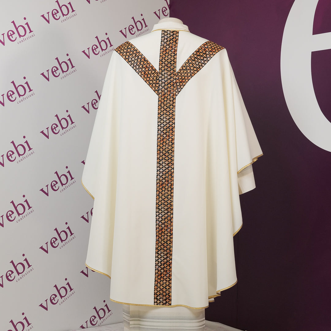 Casula con Stolone a Y Stampa Croce Oro su Sfondo (Colori Liturgici,Rosa e Celeste Disponibili)