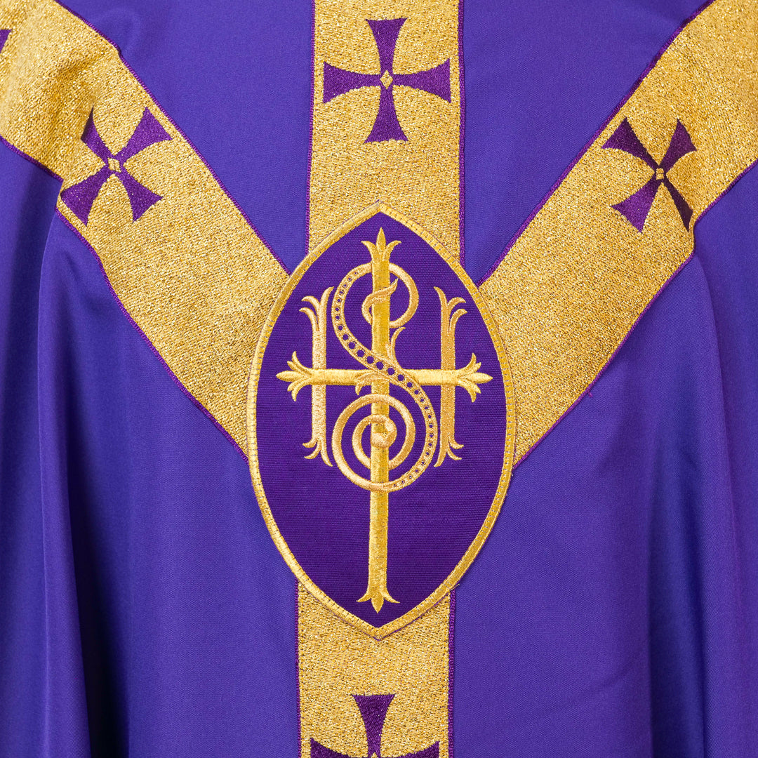 Casula in Poliestere con Gallone Oro, Croci e Ovale IHS (Colori Liturgici Disponibili)