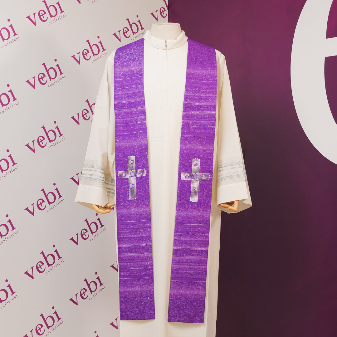Stola in Lana-Seta e Lurex con Croce Effetto Legno (Disponibile Colori Liturgici)