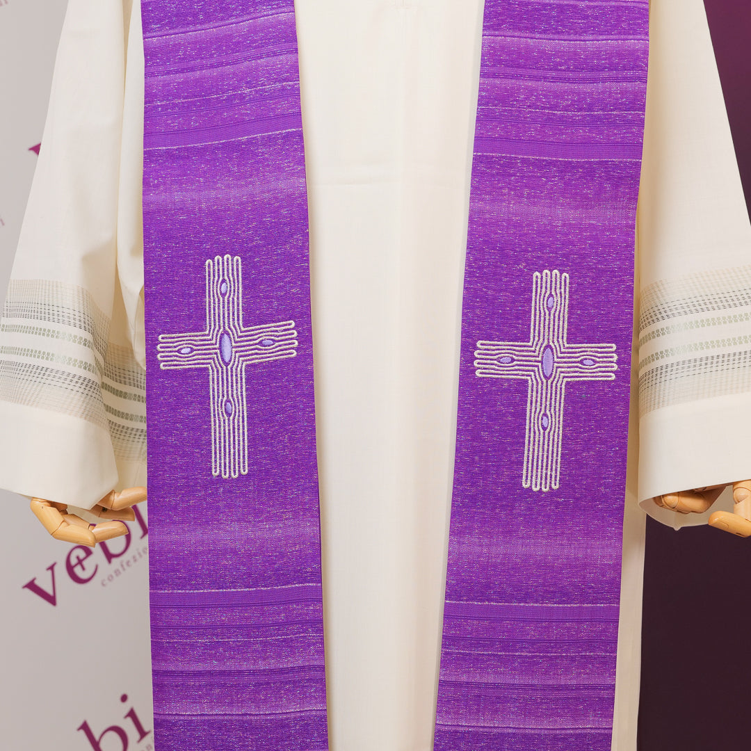 Stola in Lana-Seta e Lurex con Croce Effetto Legno (Disponibile Colori Liturgici)