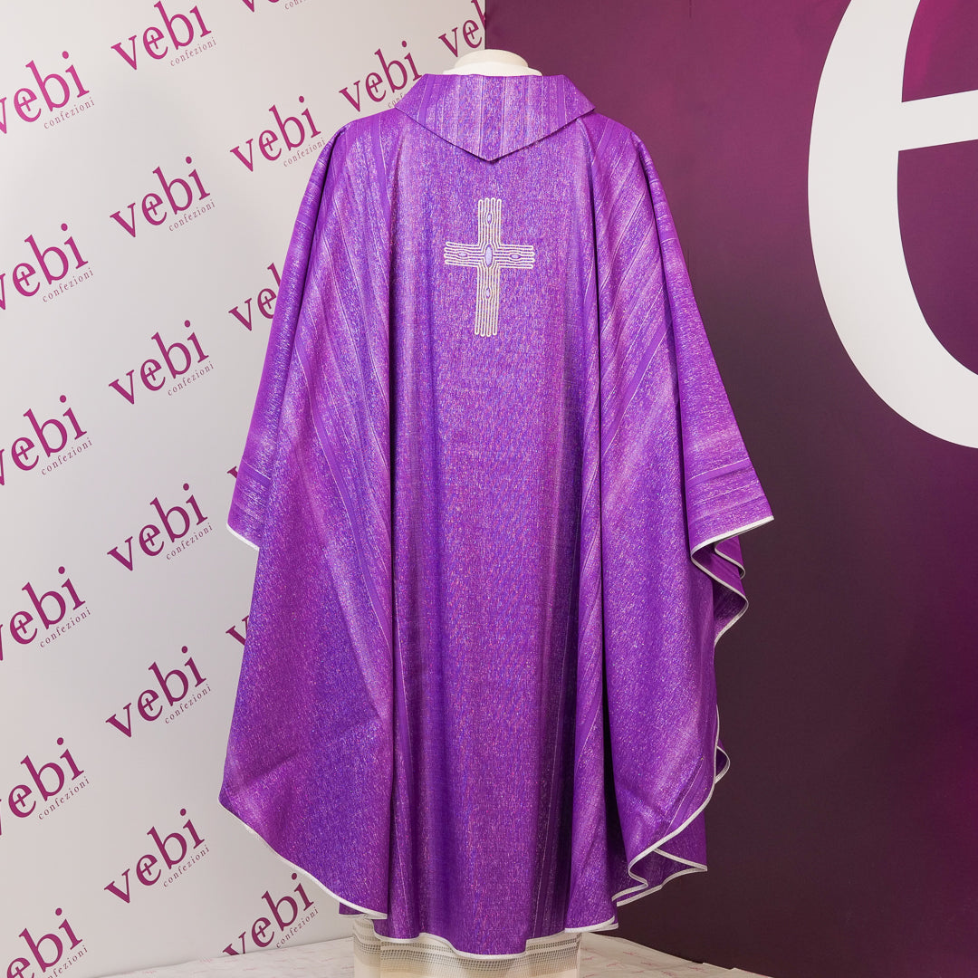 Casula Lana Seta e Lurex Rigata con Ricamo Croce (Colori Liturgici Disponibili)