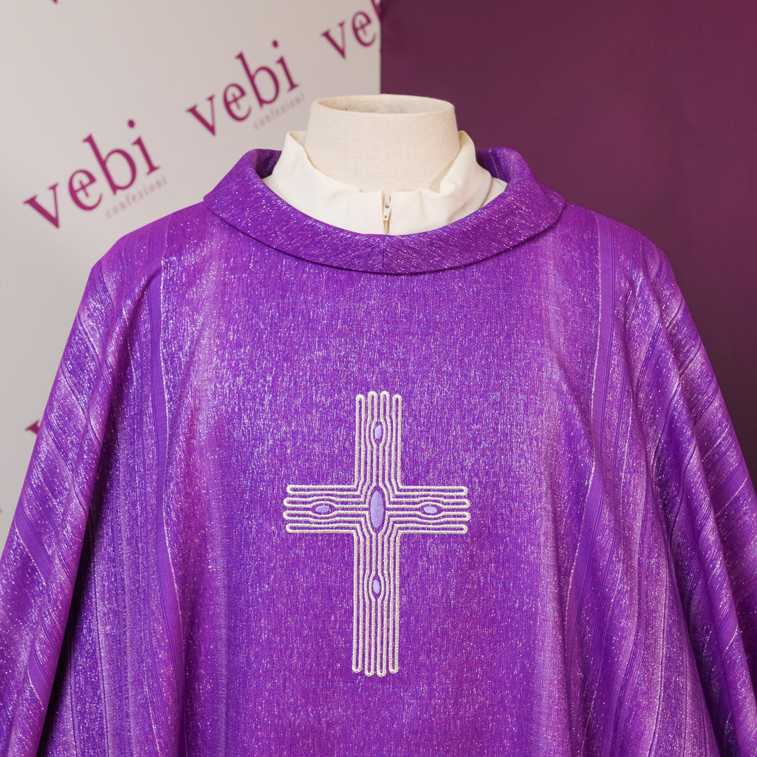 Casula Lana Seta e Lurex Rigata con Ricamo Croce (Colori Liturgici Disponibili)