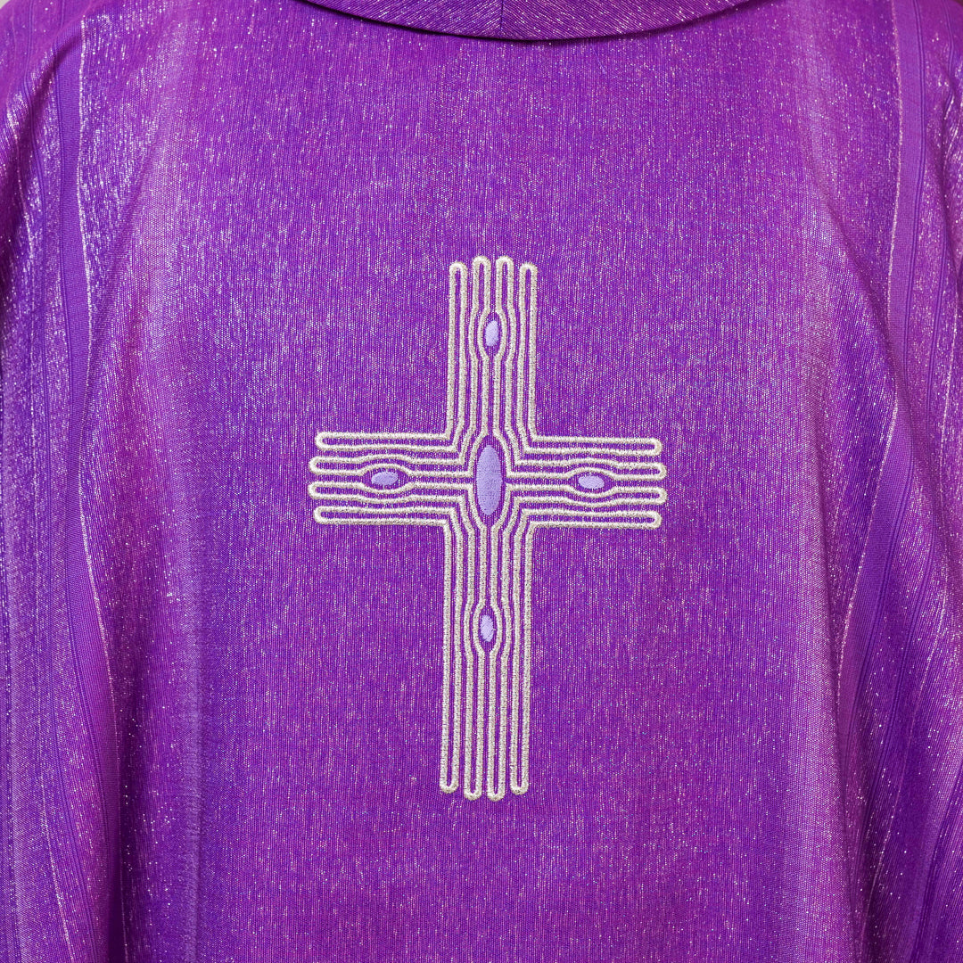 Casula Lana Seta e Lurex Rigata con Ricamo Croce (Colori Liturgici Disponibili)