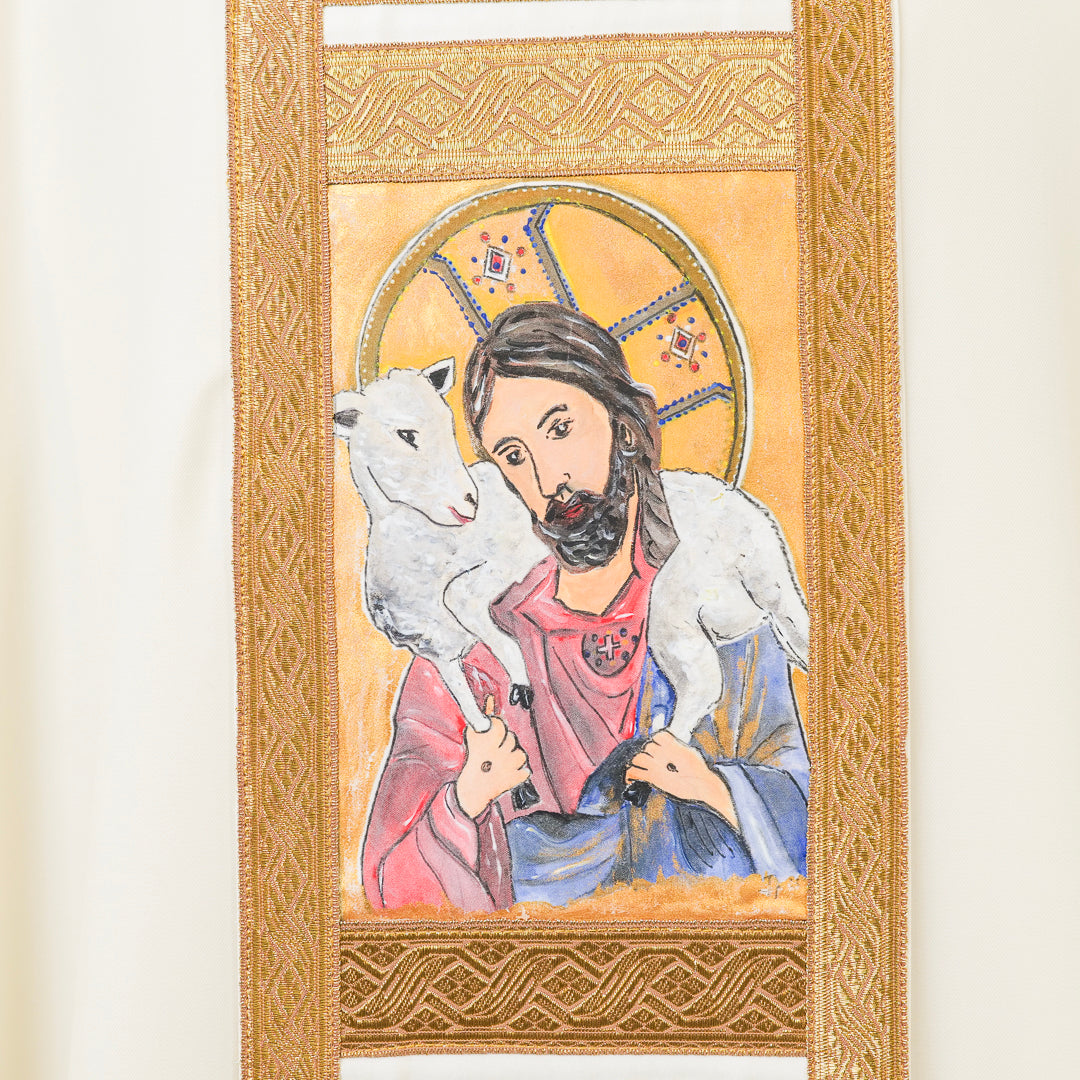Casula Avorio Lana Dipinta a Mano Gesù Buon Pastore (Colori Liturgici Disponibili)