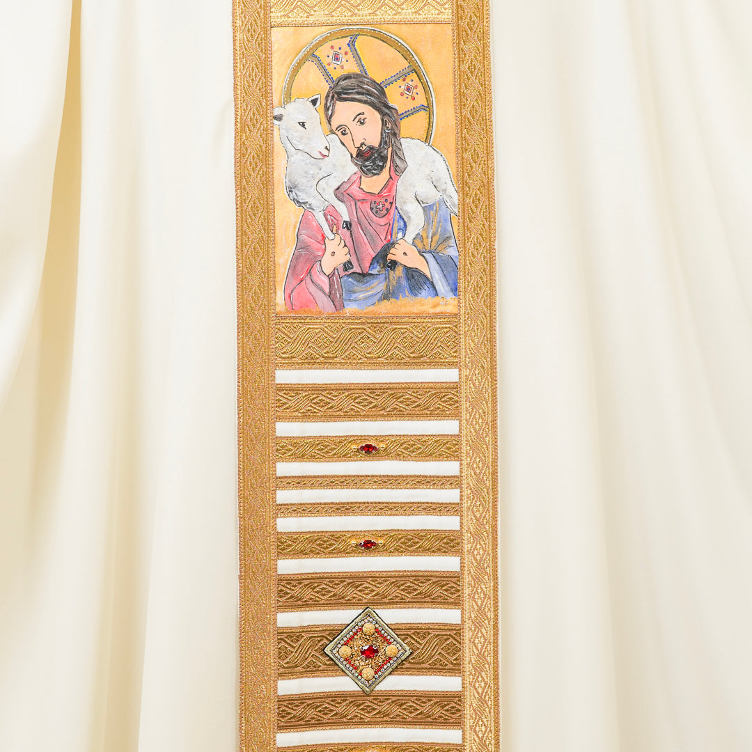 Casula Avorio Seta Dipinta a Mano Gesù Buon Pastore