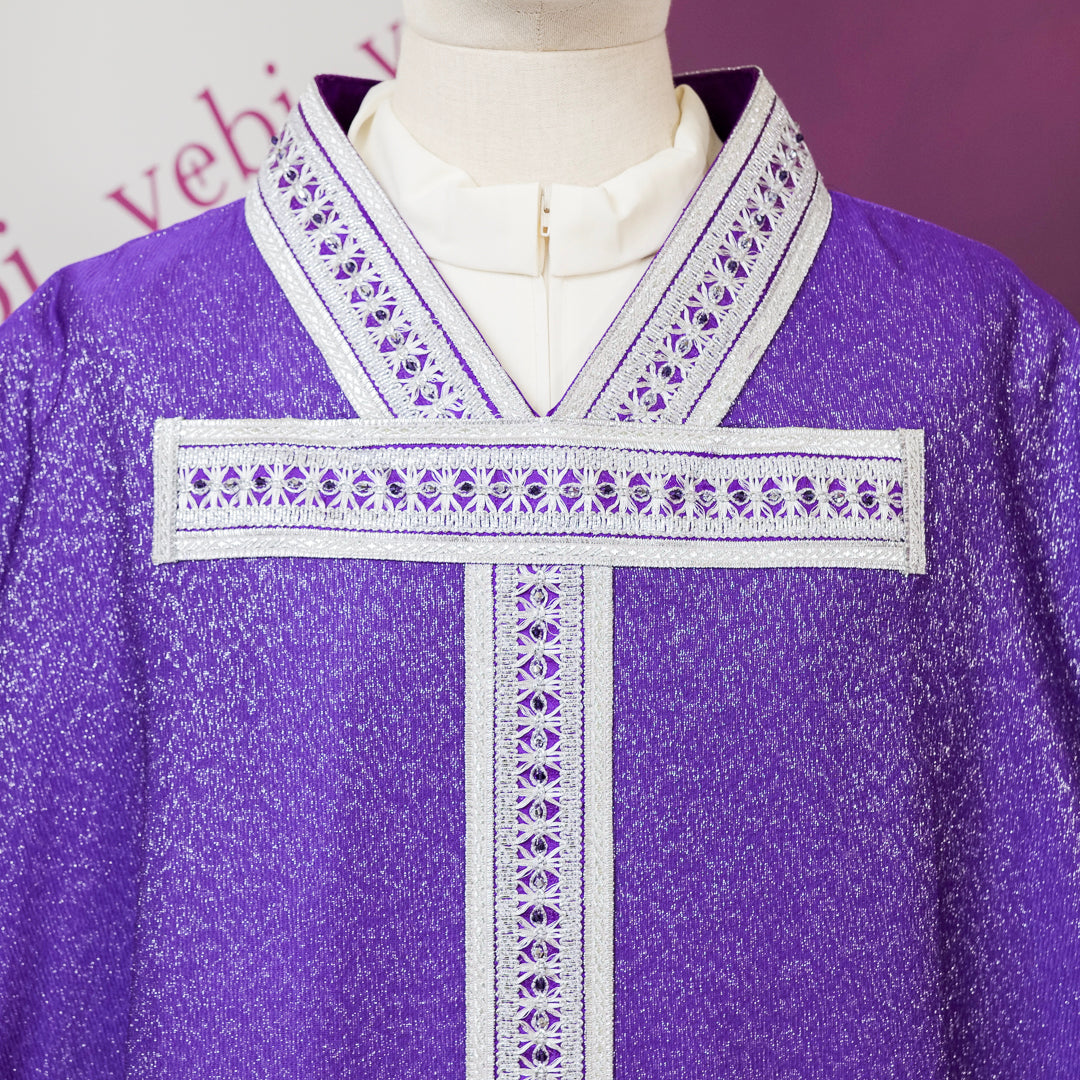 Casula Viola Lana Seta e Lurex Croce TAU (Colori Liturgici Disponibili)