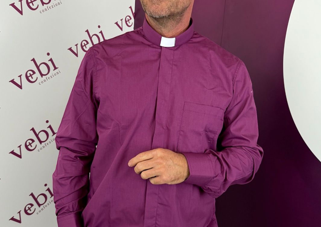 Camicia da Sacerdote Manica Lunga Collo Clergy Viola Misto Cotone
