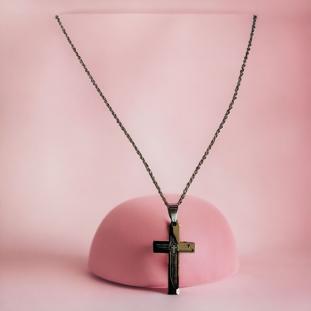 Collana con Croce Scritta Padre Nostro in Acciaio Inox