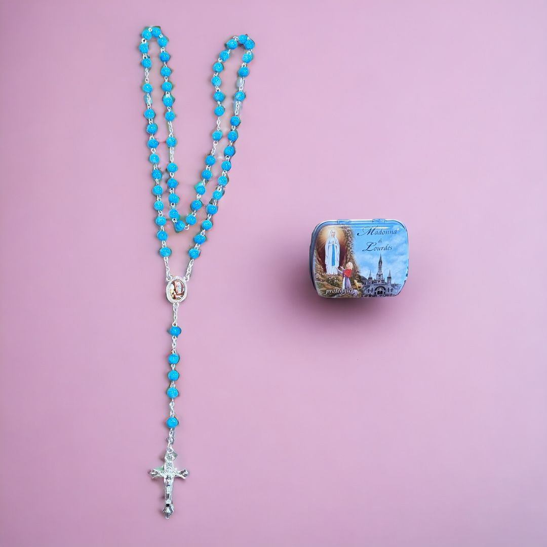 Scatola in Metallo con Rosario Madonna di Lourdes (Colori Rosario Disponibili)