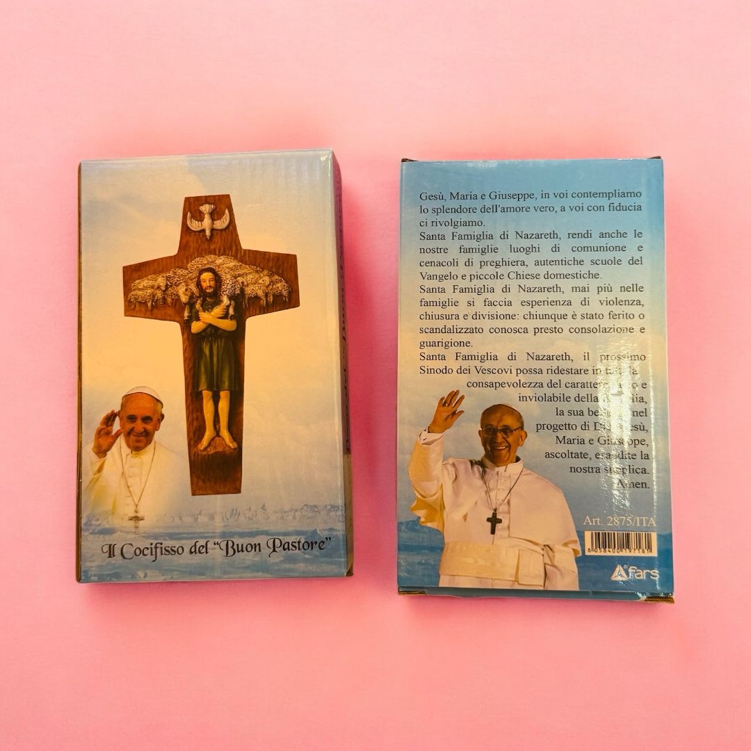 Croce Buon Pastore Papa Francesco con Scatola Ricordo Preghiera