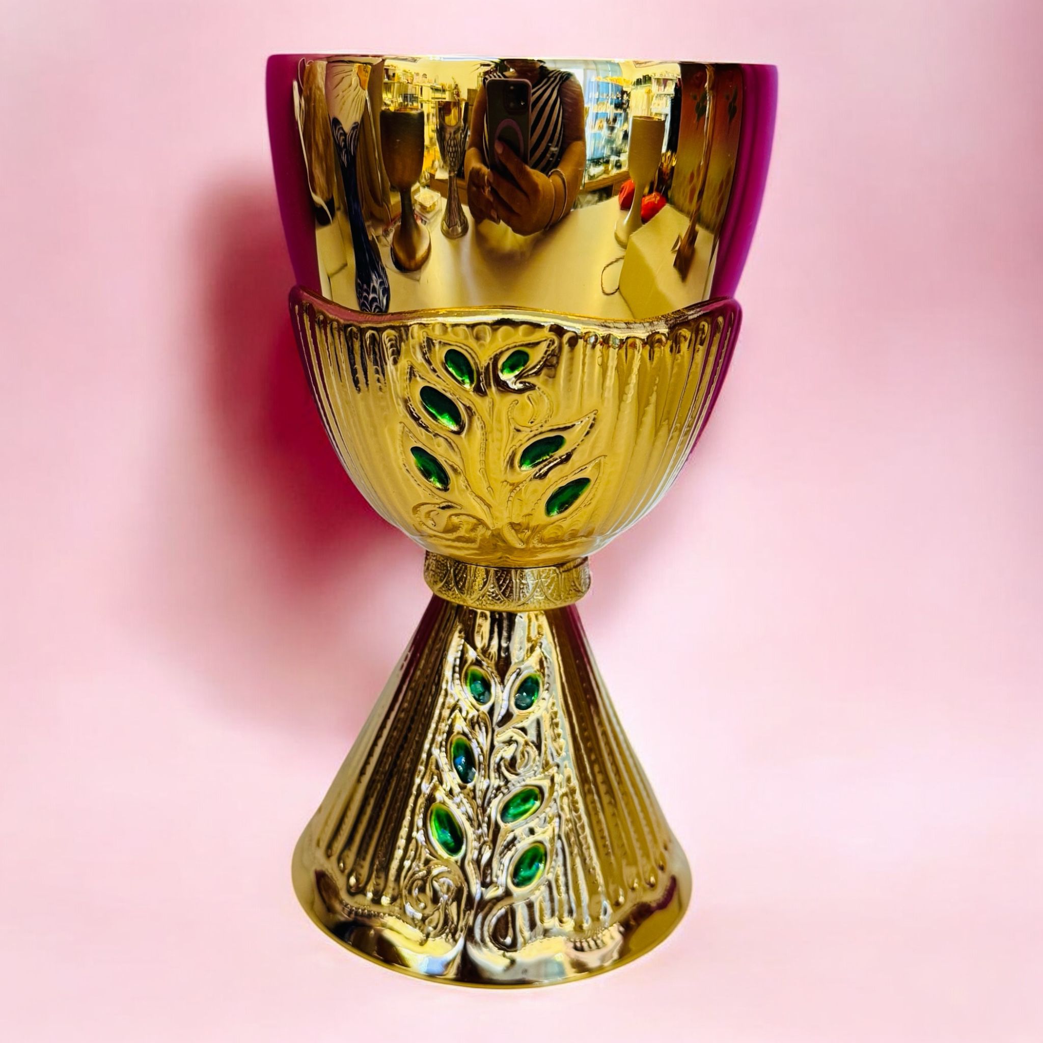 Calice "Ulivo" in Bronzo fuso Colore Oro con Smalti Verdi