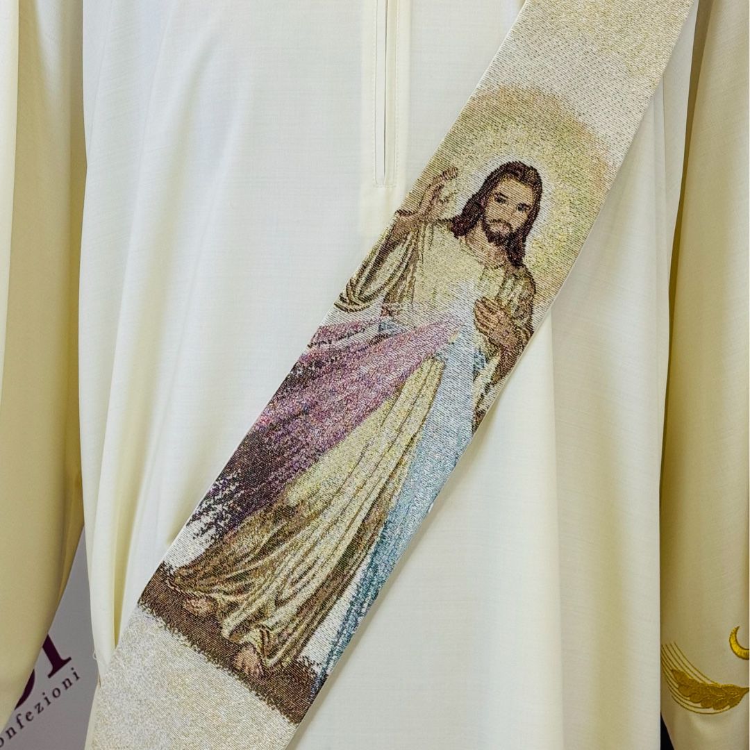 Stola Diaconale Misto Cotone con Ricamo Gesù Misericordioso (Colori Liturgici Disponibili)