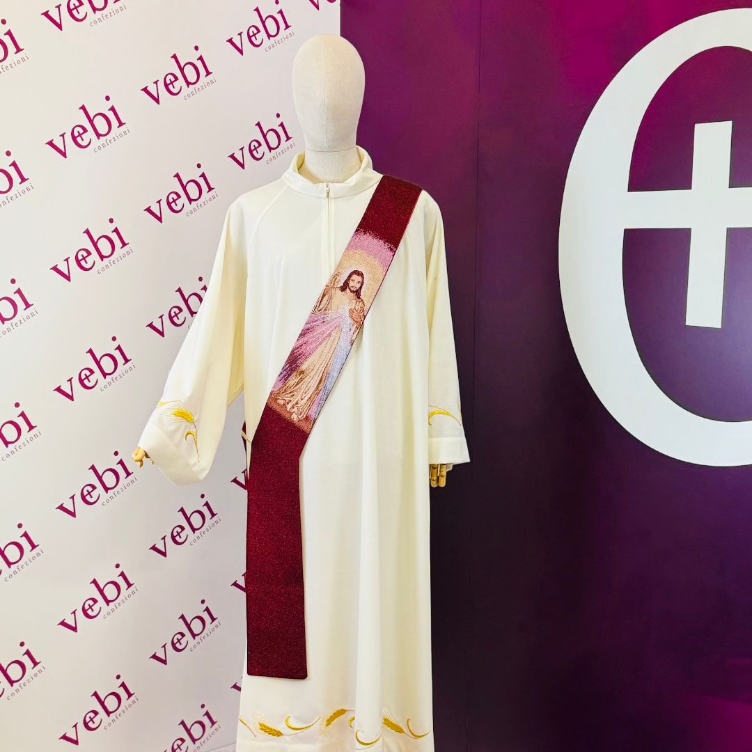 Stola Diaconale Misto Cotone con Ricamo Gesù Misericordioso (Colori Liturgici Disponibili)