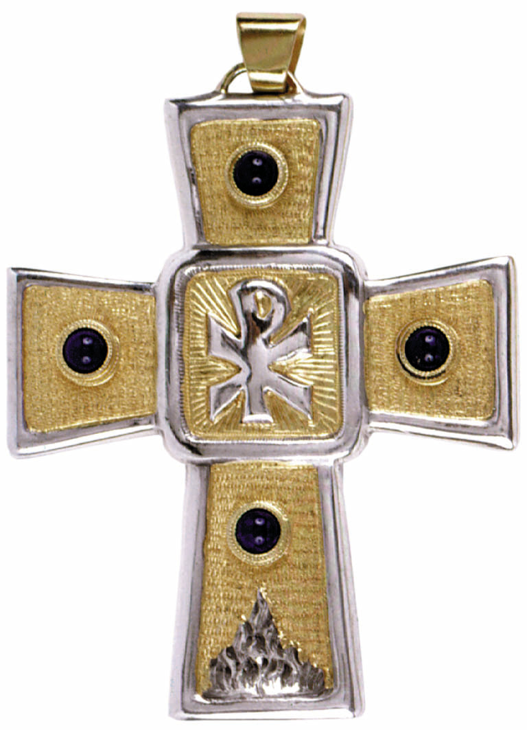 Croce pettorale sacra Bicolore oro e Argento con pietre dure scure