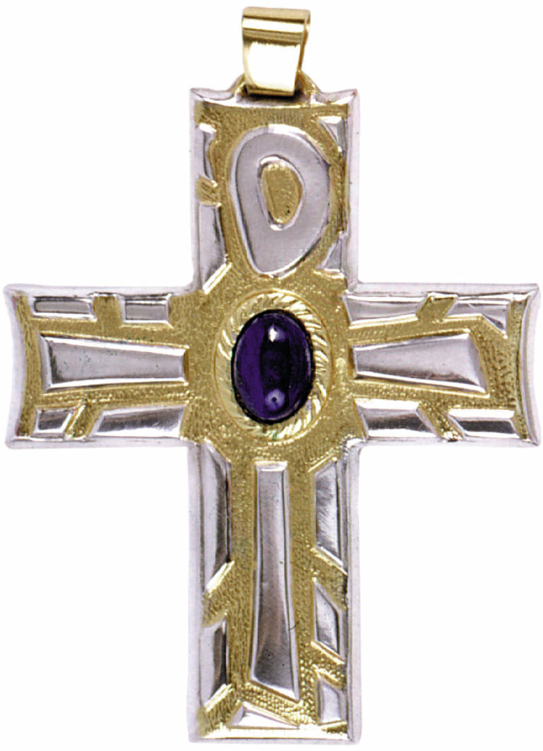 Croce pettorale sacra Bicolore oro e Argento con Pietra dura scura