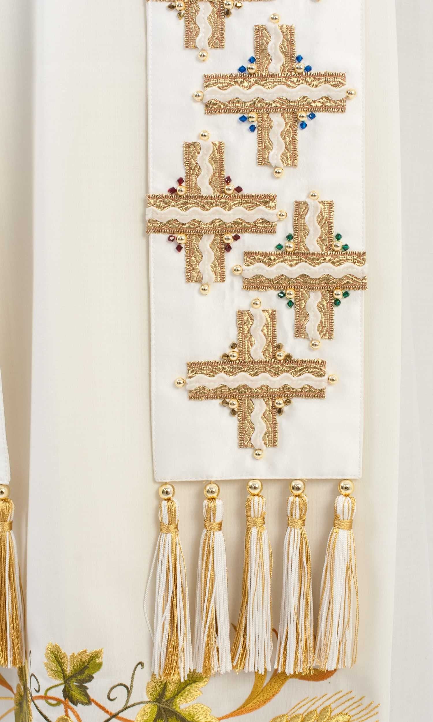 Stola per Sacerdote in seta bianca con croci e cristalli multicolore