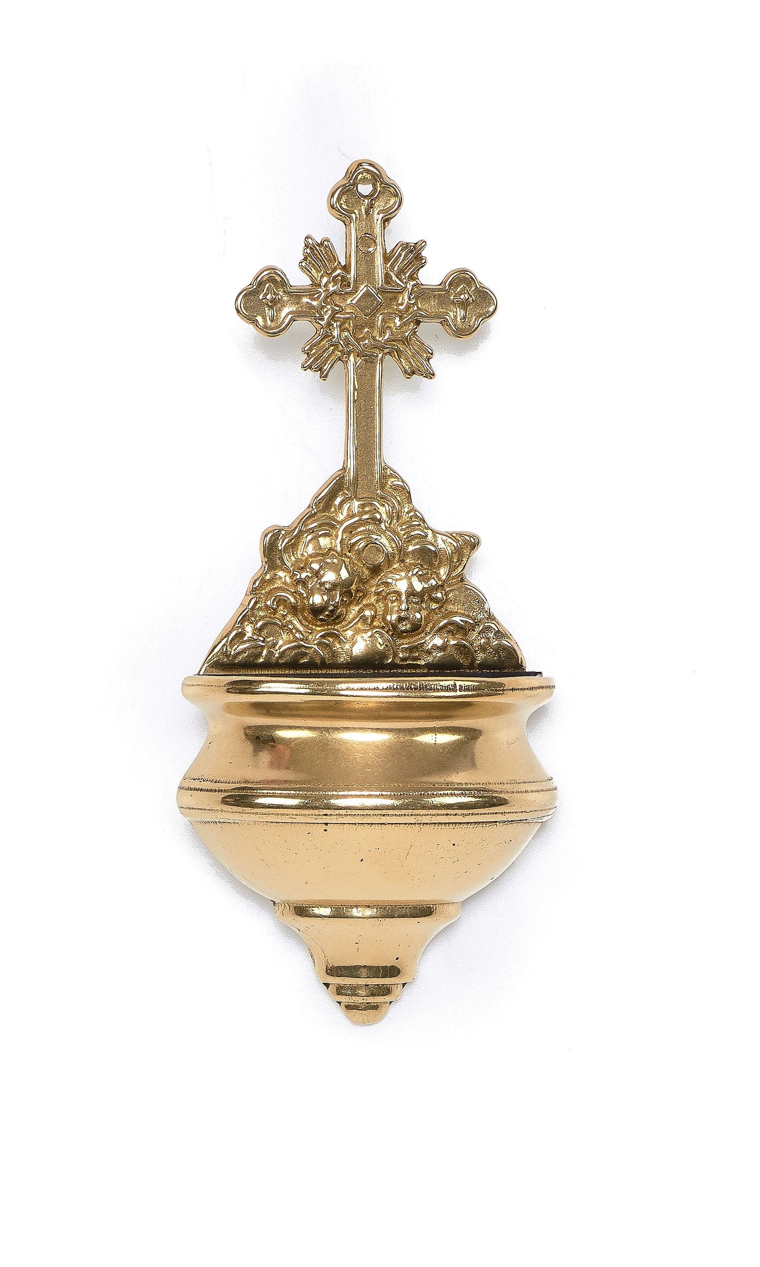 Acquasantiera in ottone dorato lucido con Croce e Angeli 8x19x4,5 cm