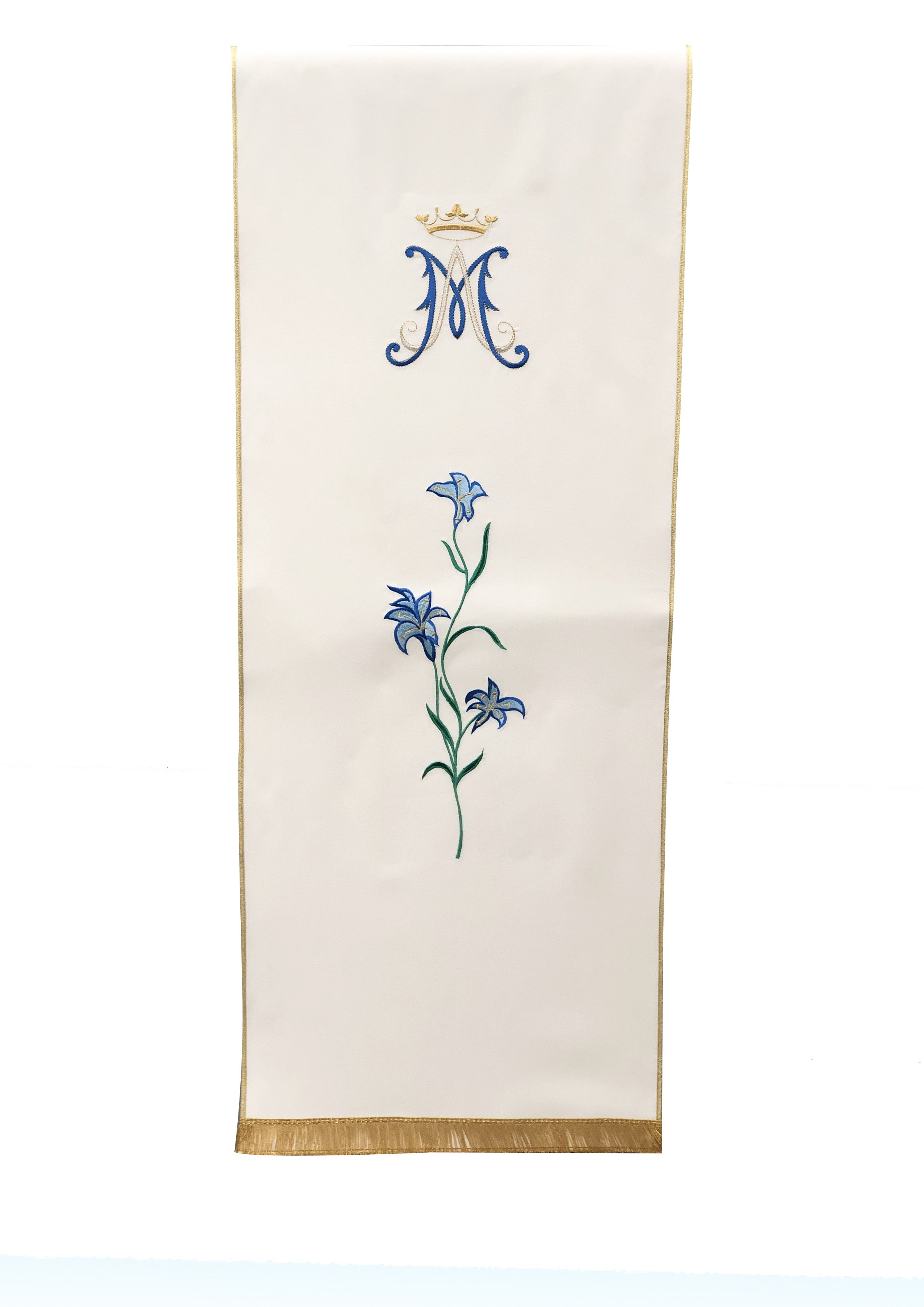 Coprileggio Liturgico bianco con monogramma mariano e gigli in tela poliestere