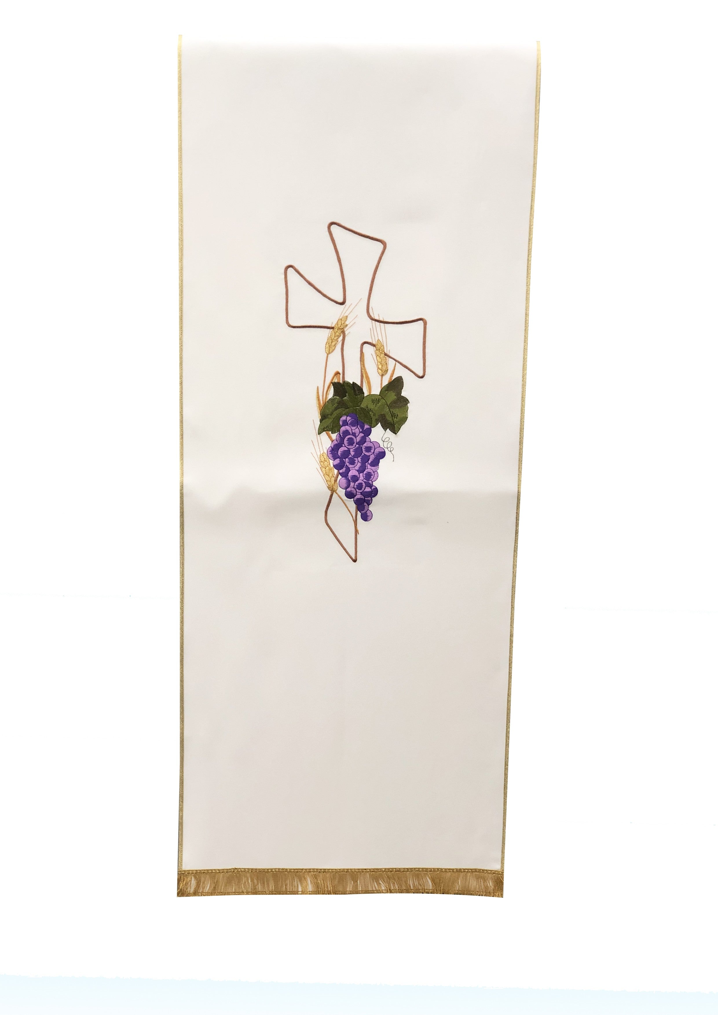Coprileggio Liturgico bianco con croce grande uva e spighe in poliestere
