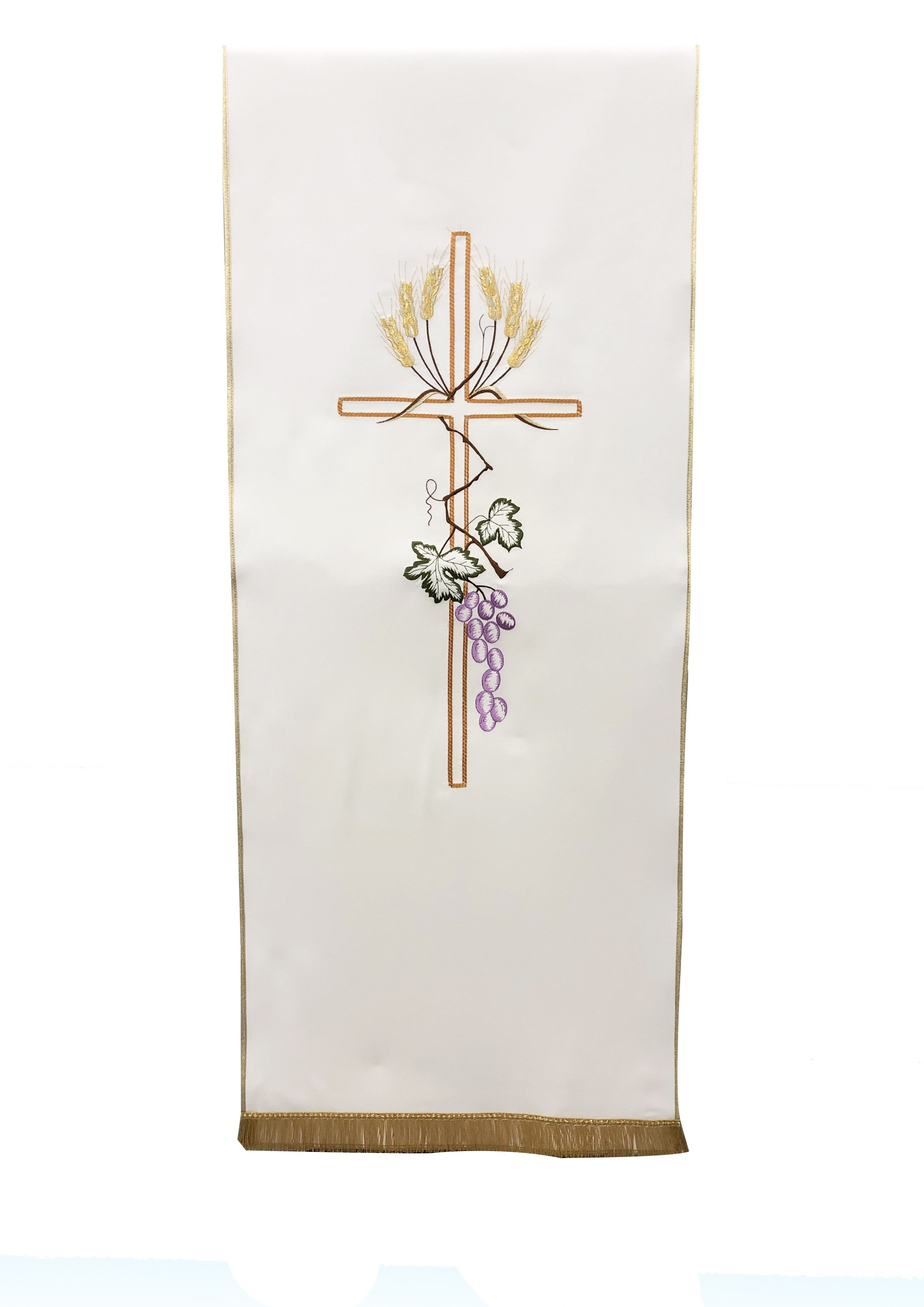 Coprileggio Liturgico bianco con croce stilizzata grano e uva in poliestere