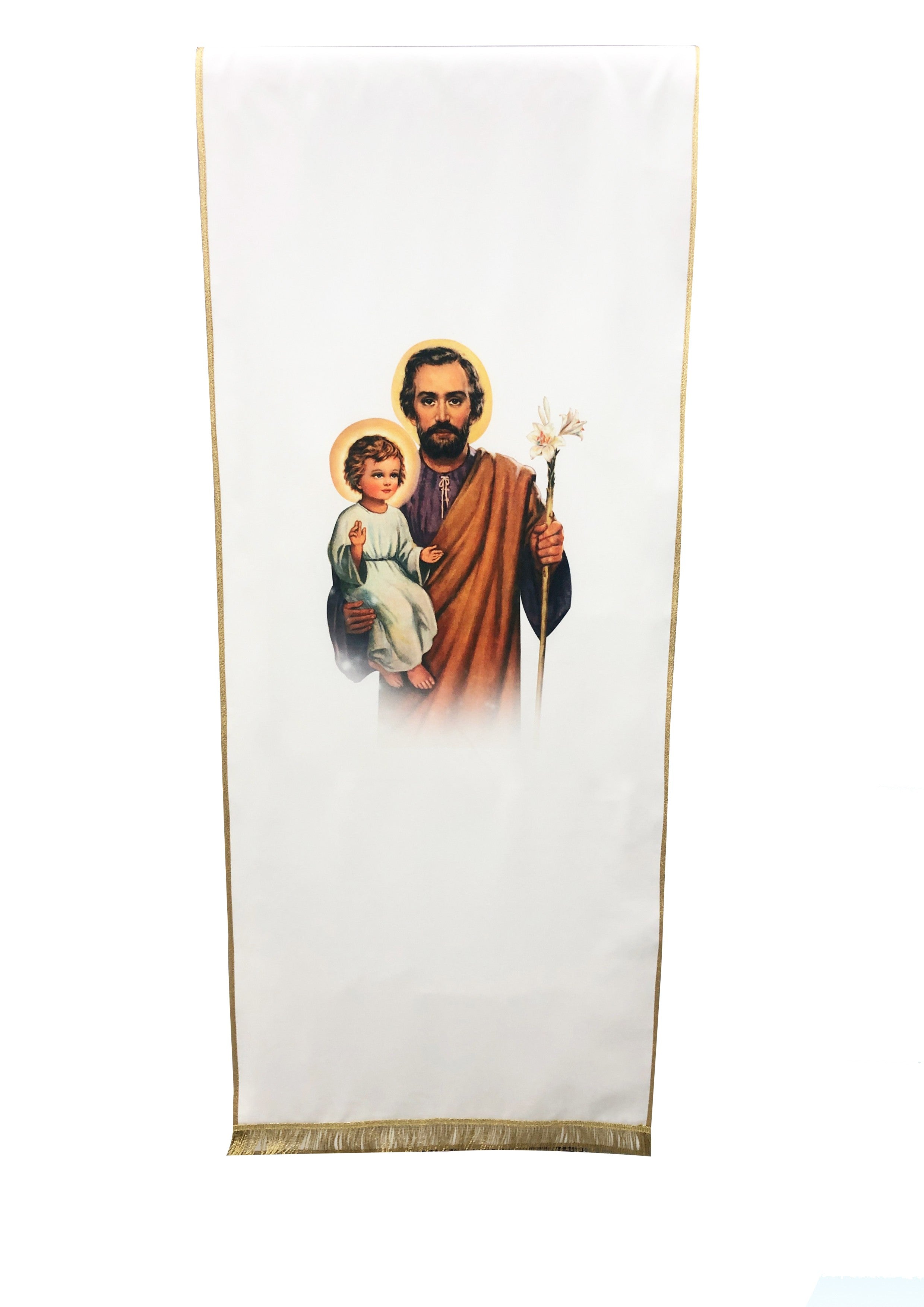 Coprileggio Liturgico bianco stampa San Giuseppe e bambino in poliestere