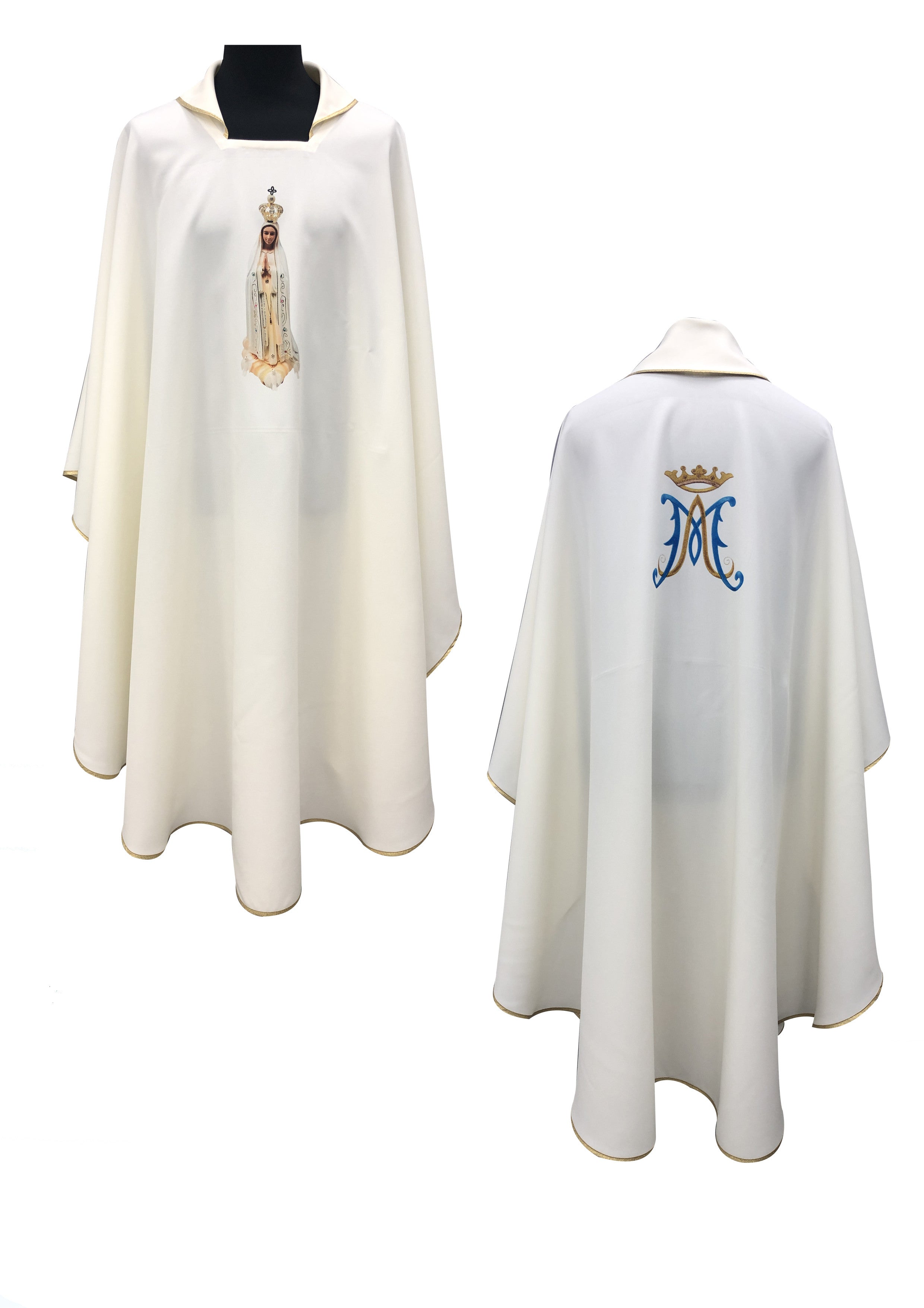 Casula Liturgica Bianca Stampa Madonna di Fatima e Monogramma