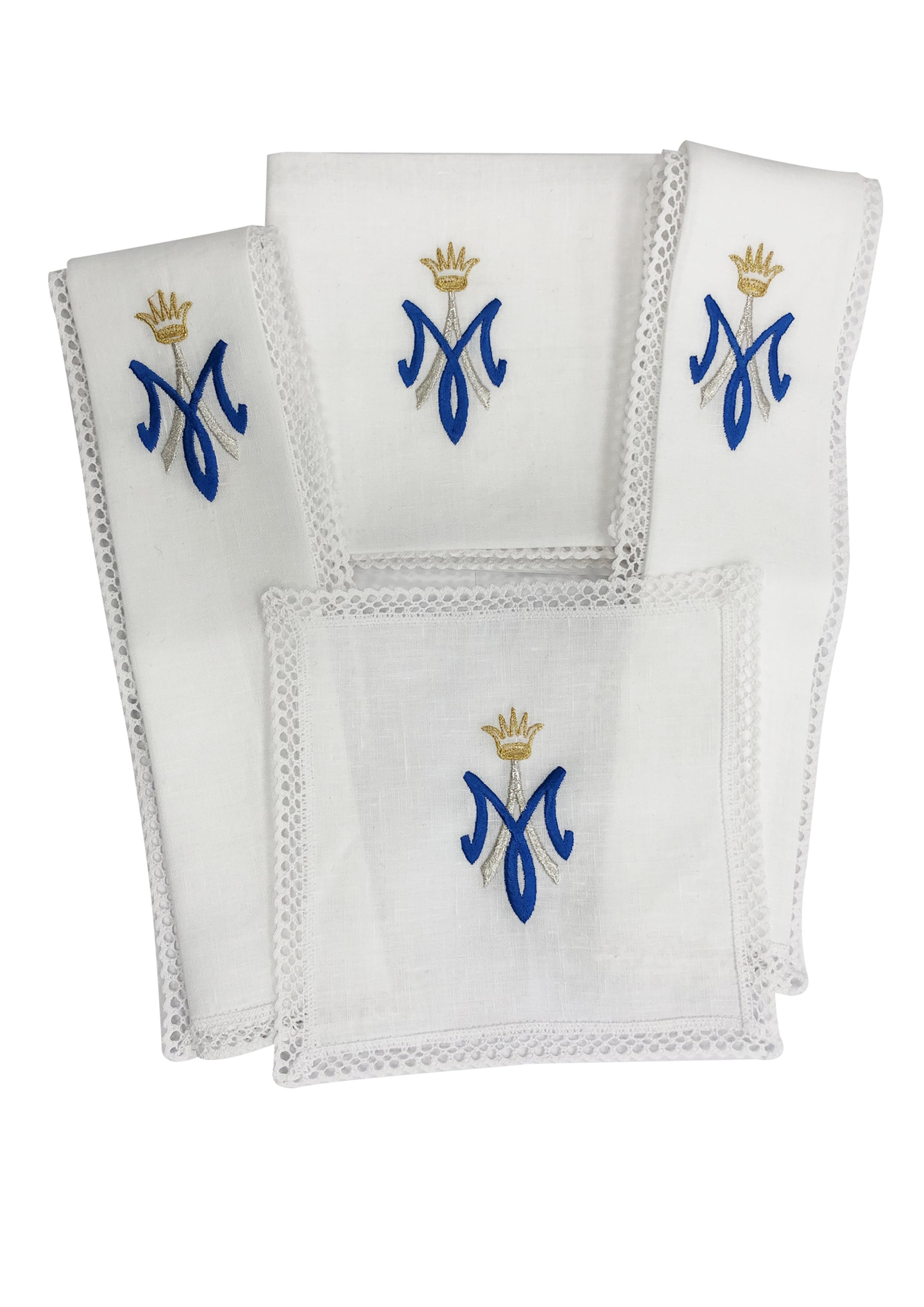 Servizio Messa in Puro Lino Monogramma Mariano Blu e Oro