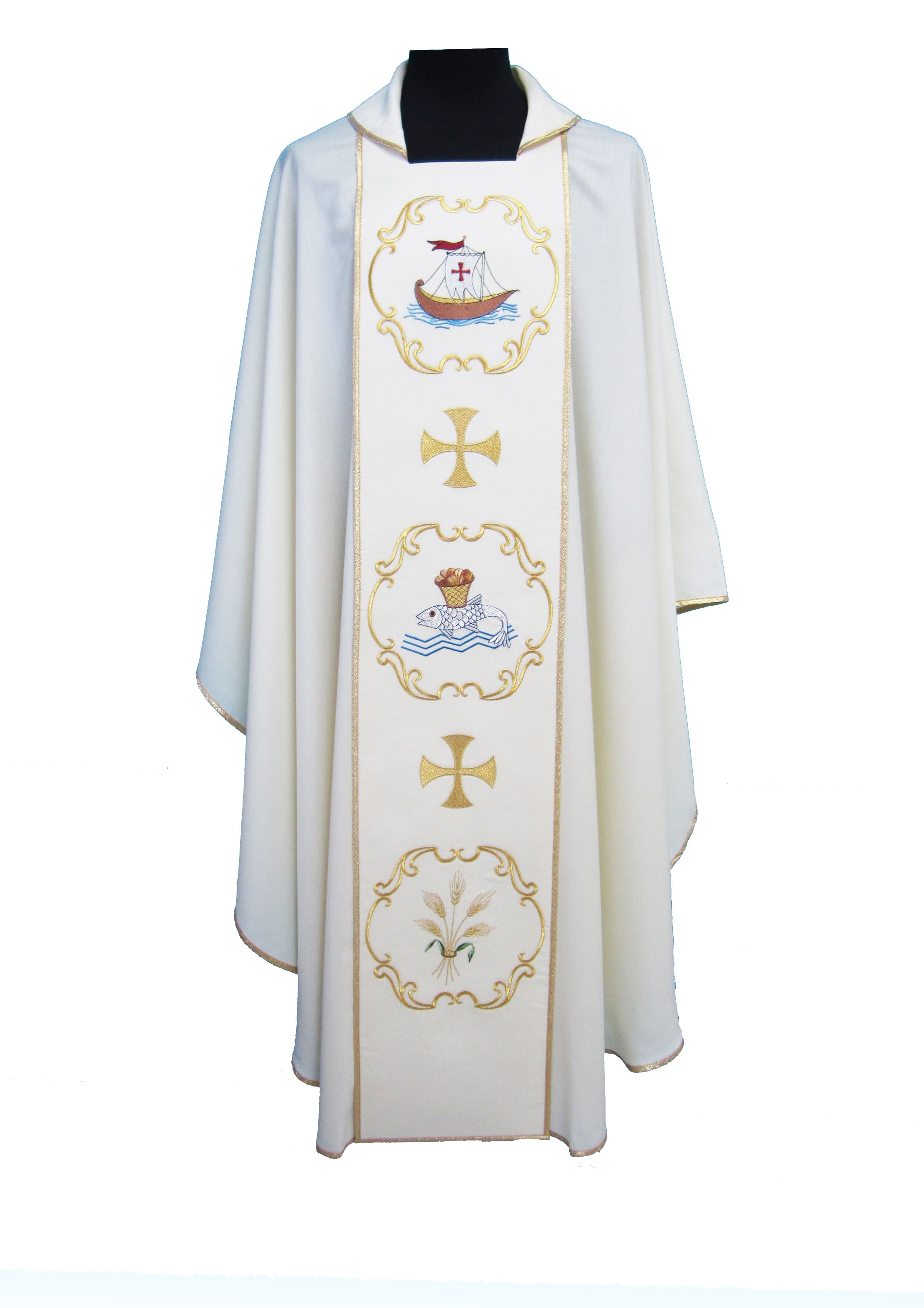 Casula Liturgica Bianca in Pura Lana Stolone grano e pesce colorato
